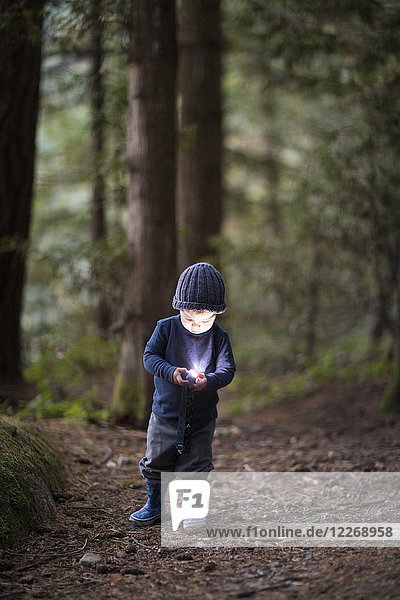 Junge mit Stirnlampe im Wald am Abend  Harrison Hot Springs  British Columbia  Kanada