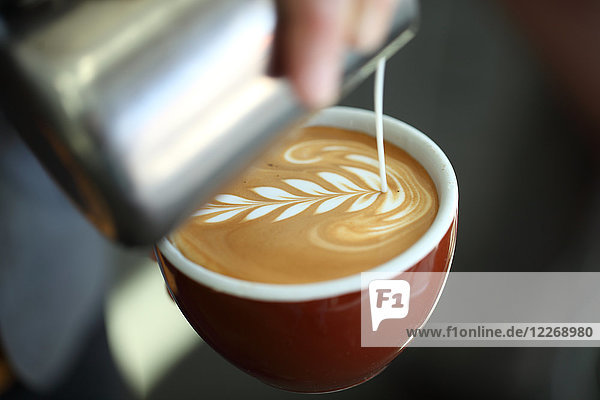 Barista gießt Milch in einen Cappuccino  Oakland  Kalifornien  USA