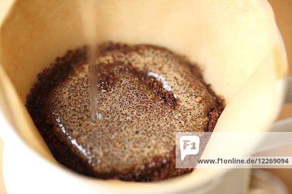 Water pouring onto ground coffee in filter  Oakland  California  USA