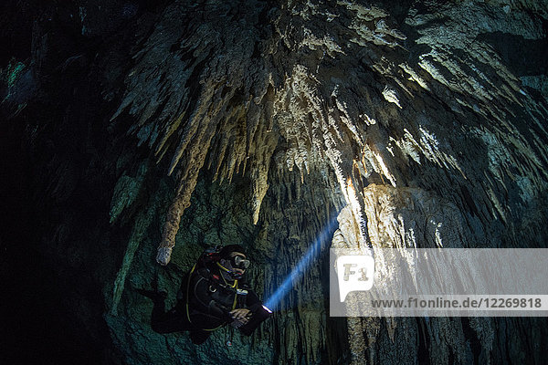 Männlicher Taucher taucht in unterirdischem Fluss (Cenote) mit Tropfsteinfelsformationen  Tulum  Quintana Roo  Mexiko