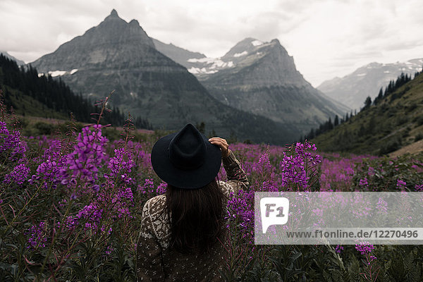 Woman looking out at mountain ranges  Glacier National Park  Montana  USA
