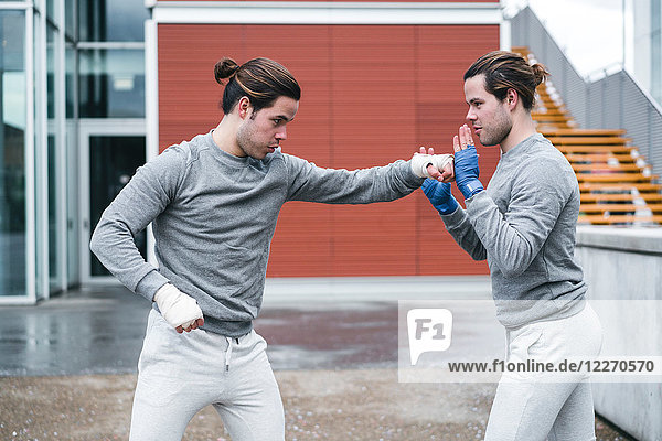 Gleiche männliche erwachsene Zwillingsboxer trainieren im Freien und üben Schläge aus