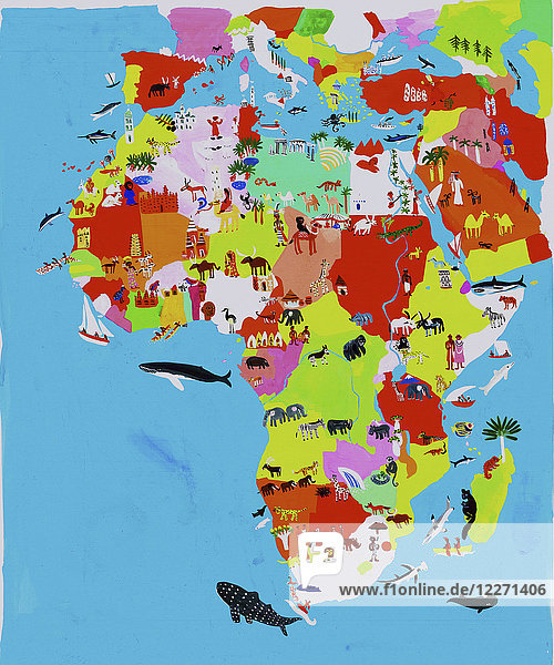 Illustrierte Karte der afrikanischen und nahöstlichen Kultur und Tierwelt