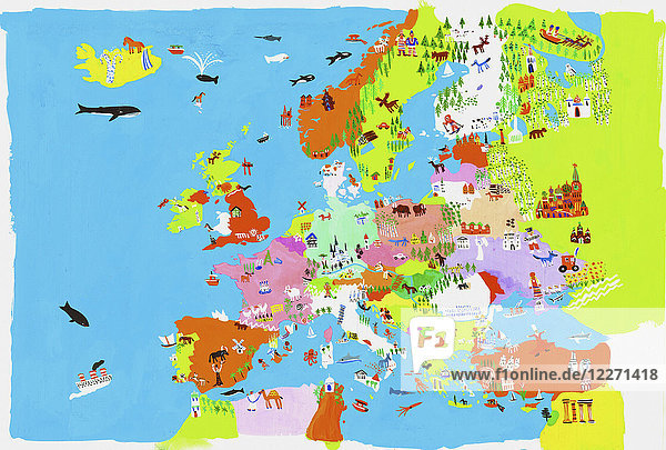 Illustrierte Karte der europäischen Kultur und Tierwelt