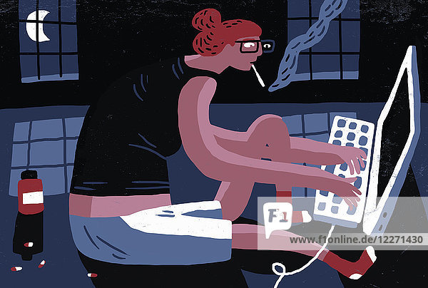 Frau raucht und nimmt Drogen  um nachts zu arbeiten