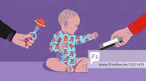 Baby wählt Smartphone anstelle einer Spielzeugrassel