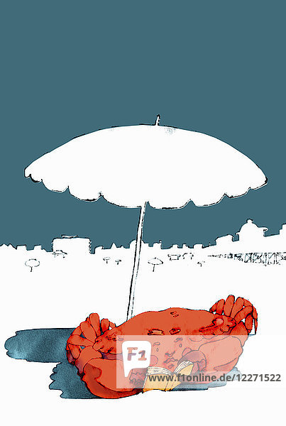 Krabbe  die unter dem Sonnenschirm ein Buch liest