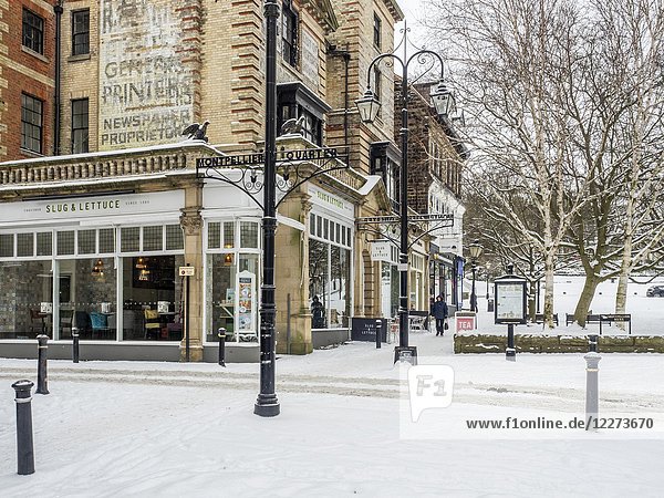 Snow covered streets in the Montpellier Quarter in Winter Harrogate North Yorkshire England.