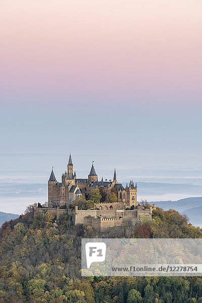 Hohenzollern castle in autumnal scenery at dawn. Hechingen  Baden-Württemberg  Germany.