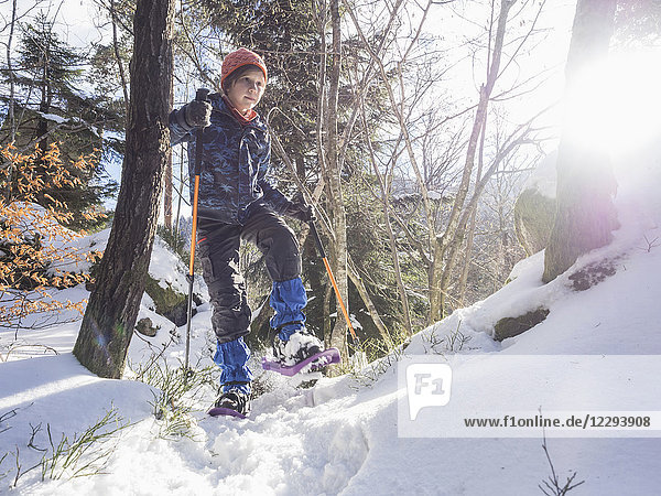 Mädchen beim Schneeschuhwandern im Schwarzwald unter hellem Sonnenlicht  Deutschland  Europa