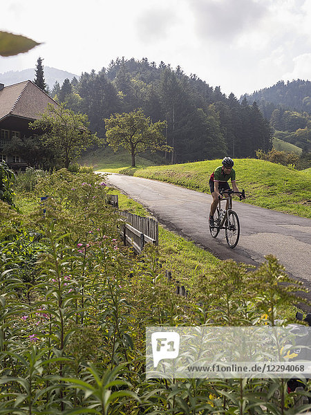 Man riding racing bicycle on cycling tour in the Southern Black Forest  Baden-Württemberg  Germany