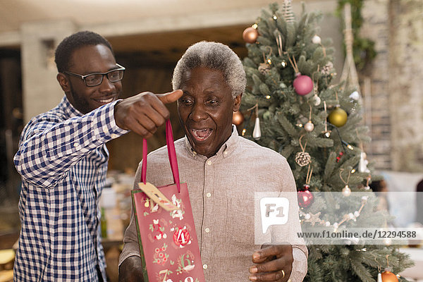 Enkel überraschender Großvater mit Weihnachtsgeschenk
