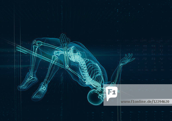Computergeneriertes Röntgenbild Skelett Leichtathlet Hochspringen