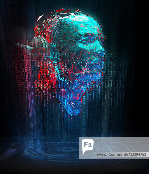 Artificial intelligence binary code forming face with headphones