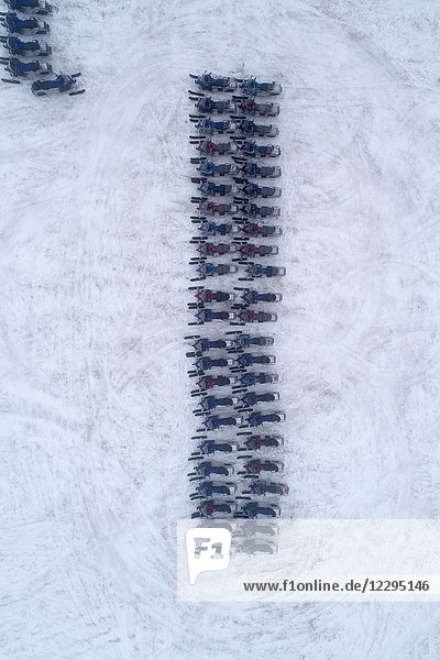 Aerial view of snowmobiles on snow  Öxará  Iceland