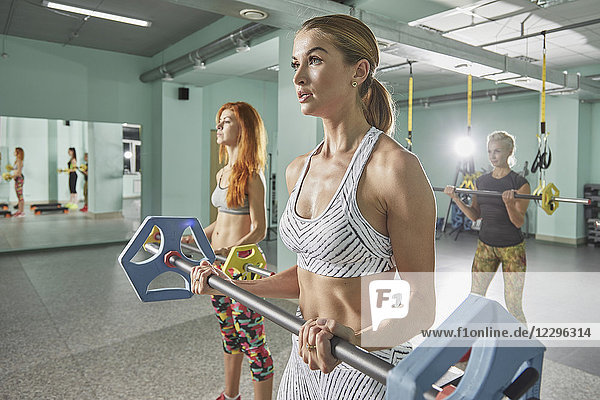 Frauen trainieren mit Langhanteln im Fitnessstudio
