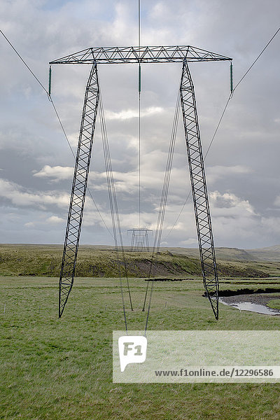 Strommastenreihe auf grüner Wiese gegen bewölkten Himmel,  Highlands,  Island