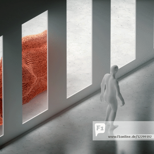 Futuristischer Mann, der entlang einer Augmented Mirrored Wall geht