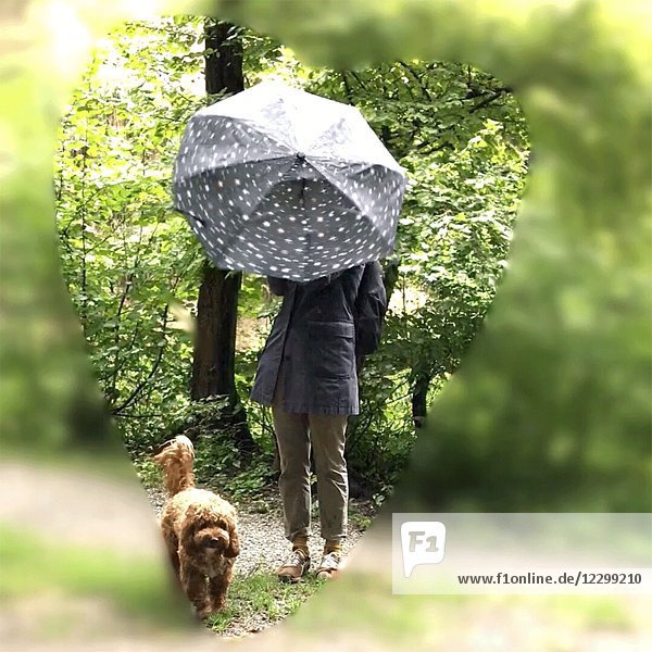 Frau mit Regenschirm und Hund im Wald umrahmt von einem Herz