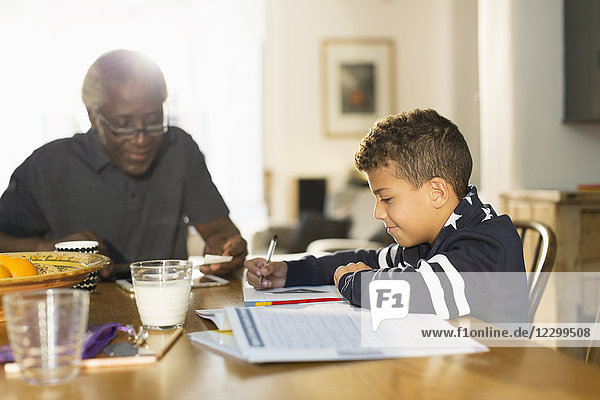 Grandfather at table with grandson doing homework