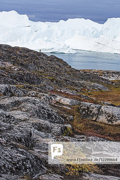 Icebergs beyond craggy rocks,  Icefjord,  Ilulissat,  Greenland