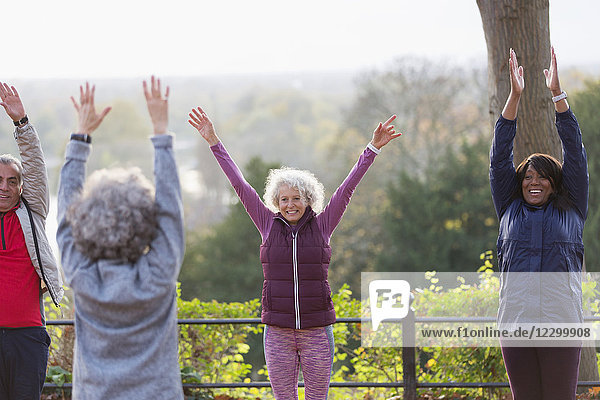 Confident  energetic active seniors practicing yoga in park