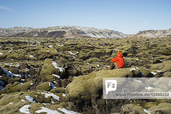 Male hiker sitting alone on mossy lava field and contemplating  Iceland