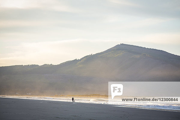Frau in der Ferne  die bei Sonnenaufgang am Strand von Netarts Bay  Oregon  USA  mit dem Hund spazieren geht