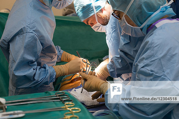 Reportage on a kidney transplant in the urology service of Nice Hospital  France. The kidney is taken from a living related donor  the recipient’s wife. Transplanting the kidney in the recipient.