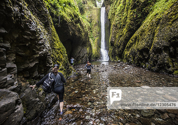 A woman hiking in the Ononta falls gorge in the Columbia Gorge area of Oregon.