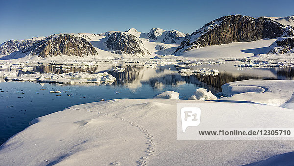 Schöne arktische Landschaft mit schneebedeckten Bergen und Meer  Spitzbergen  Svalbard und Jan Mayen  Norwegen