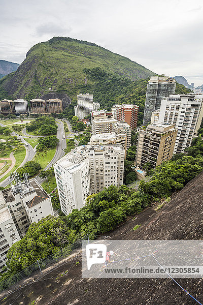 Adventurous man rock climbing Morro do Cantagalo (Cantagalo Mountain) with city in background Rio de Janeiro Brazil