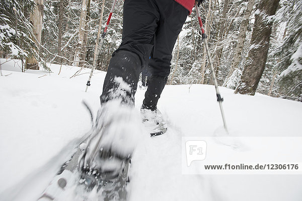 Mann bewegt sich unscharf auf einem Wanderweg mit Schneeschuhen  Twin Mountain  New Hampshire  USA