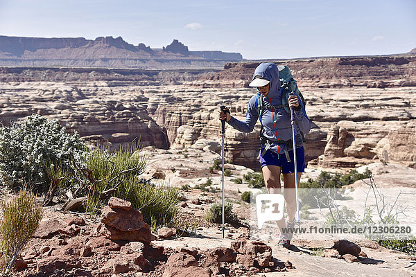 Front view of female backpacker hiking on trail above The Maze in Canyonlands National Park  Moab  Utah  USA