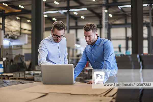 Two businessmen sharing laptop on factory shop floor
