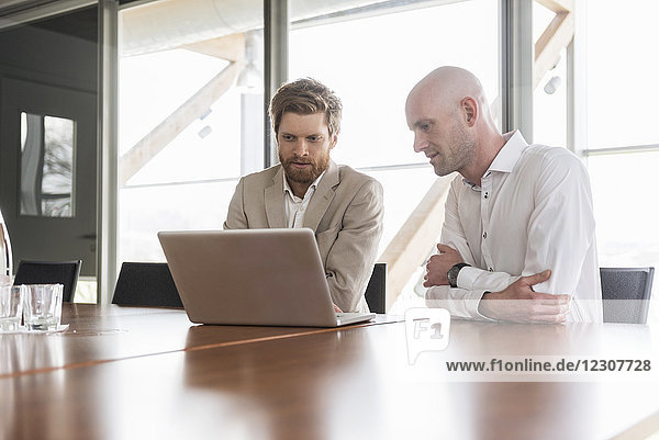 Two businessmen sharing laptop in conference room