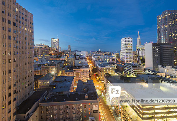 USA  California  San Francisco  Chinatown  Financial District  Coit Tower in the evening