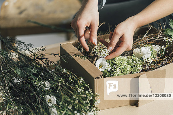 Frauenhände beim Arrangieren von Blumen in einer Schachtel  Nahaufnahme