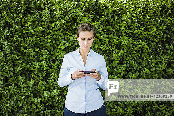 Woman standing at a hedge using cell phone