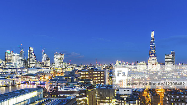 UK  London  cityscape and Thames river panoramic view at dusk