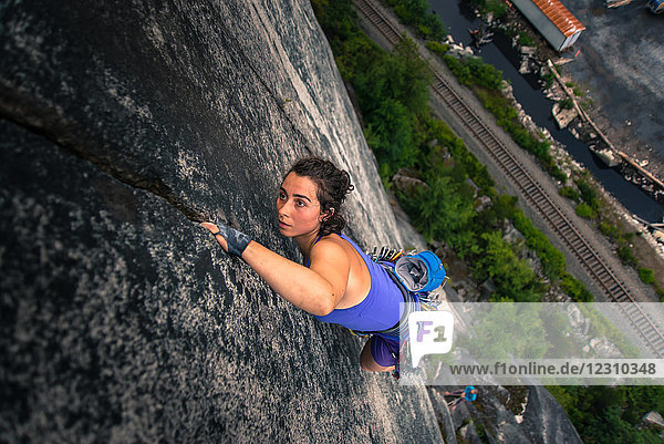 Woman climbing Malamute  Squamish  Canada  high angle view