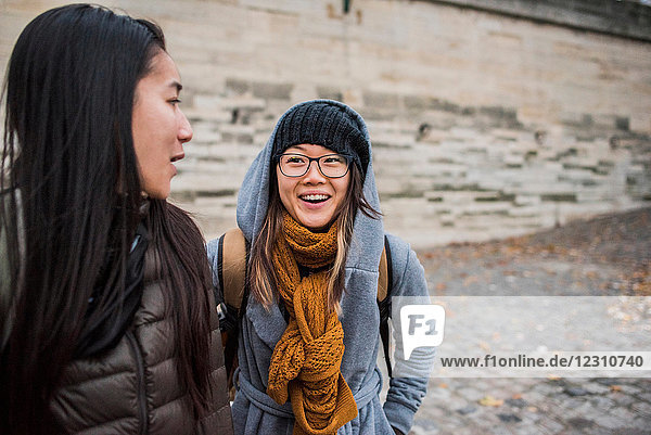 Zwei junge Touristinnen unterhalten sich am Flussufer  Paris  Frankreich