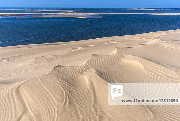 France  Arcachon Bay  natural sand sculptures on the dune de Pilat and view on the banc d'Arguin