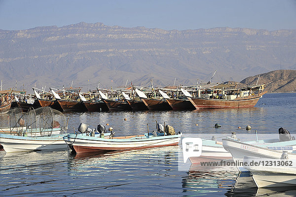 Sultanat OMAN  Fischerboote  genannt Dhows  im Hafen von Mirbat.