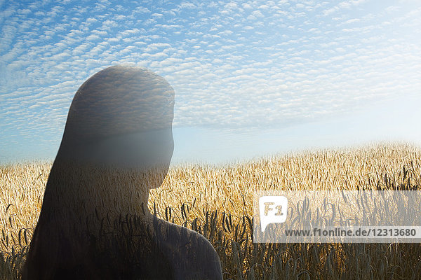 Ein Kopf eines jungen Mädchens  der auf einem Getreidefeld liegt.