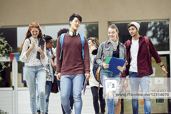 College-Studenten  die sich beim Spaziergang auf dem Campus zwischen den Vorlesungen unterhalten
