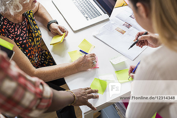 Coworkers writing on adhesive notes during meeting