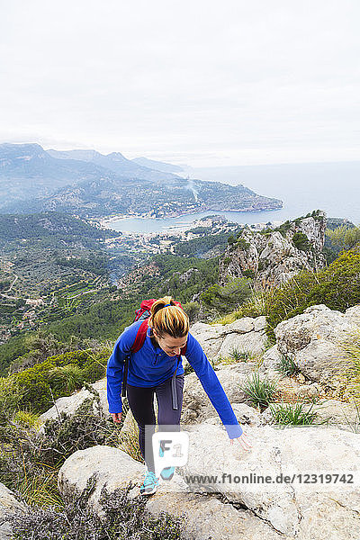 Serra de Tramuntura  hiker on a trail above Soller  Majorca  Balearic Islands  Spain  Mediterranean  Europe