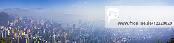 Panoramic view of Kowloon and Hong Kong city from the Lion Rock mountain peak  Hong Kong  China  Asia