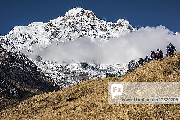 A group of Trekkers approaching Annapurna Base Camp with Annapurna South looming large in the background Himalayas Nepal Asia
